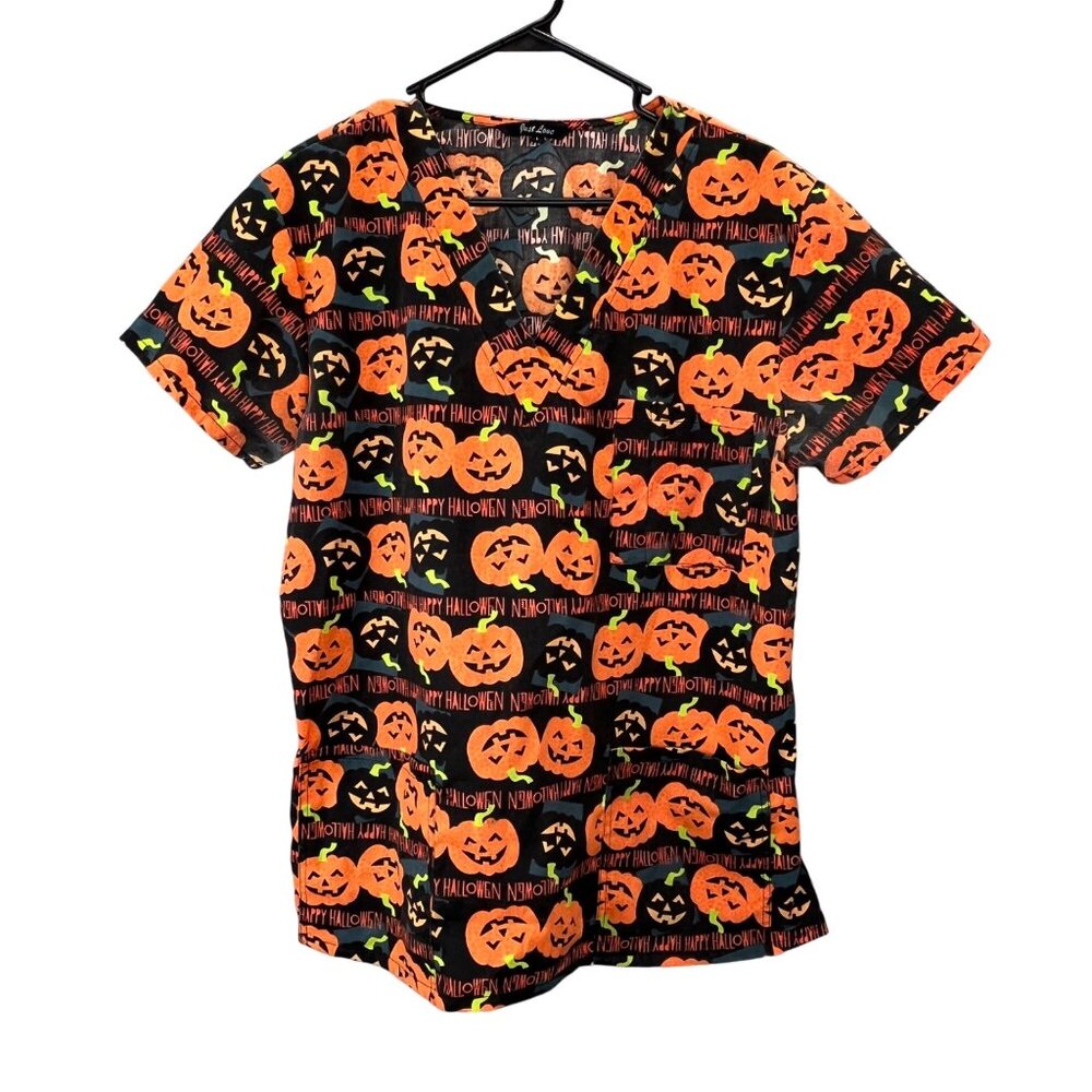 Halloween Scrub Top L Black Jack O Lantern Pumpkin Short Sleeve V Neck Pocket